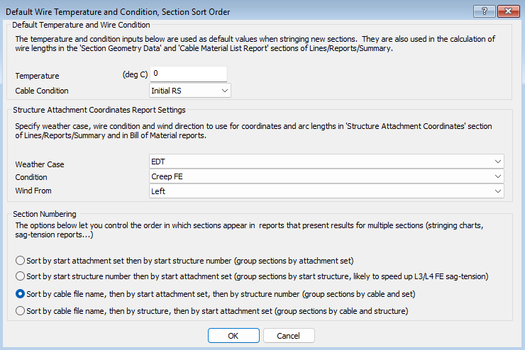 Screenshot guide for PLS-CADD default wire temperature and condition settings